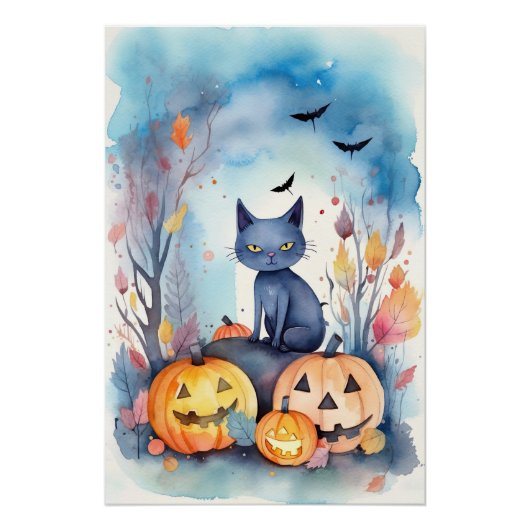 Poster Chat Oriental Bleu Halloween avec des citrouilles (Devant)