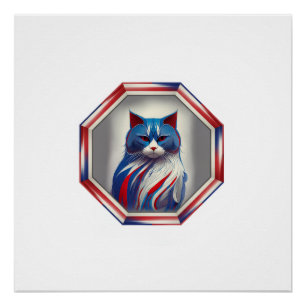 Poster Chat patriote rouge blanc & bleu dans un cadre