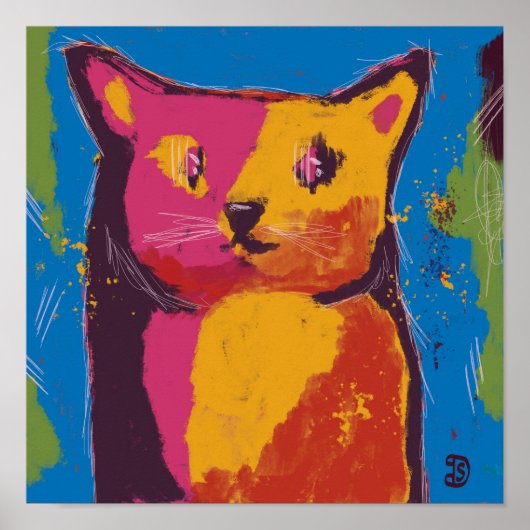 Poster Chat, peinture numérique abstraite, couleurs vives (Devant)