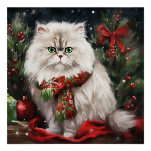 Poster Chat Persan à Noël sous la neige (Devant)