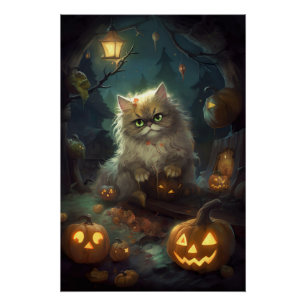 Poster Chat Persan Halloween avec des citrouilles effraya
