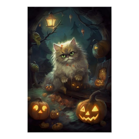Poster Chat Persan Halloween avec des citrouilles effraya (Devant)