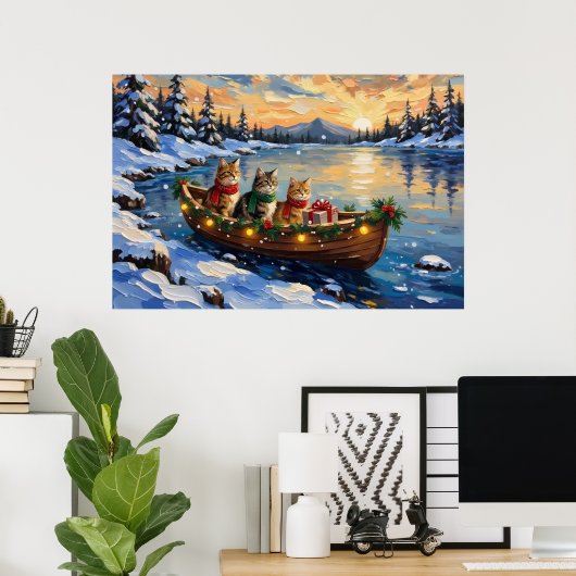 Poster Chat Persan Noël Bateau Fêtes (Bureau à domicile)