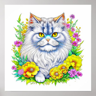 Poster Chat perse en Fleurs Jaunes et Roses