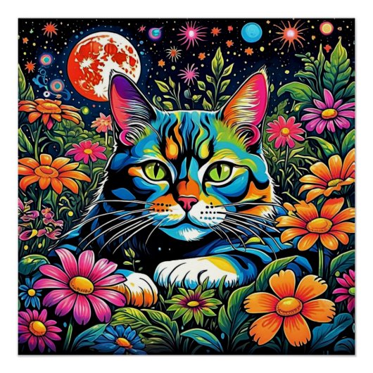 Poster Chat psychédélique parmi les fleurs (Devant)