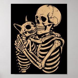 Poster Chat qui étreint un squelette Halloween Chat drôle