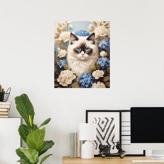 Poster Chat Ragdoll Avec Fleurs Bleues D'Hydrangée (Bureau à domicile)