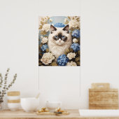 Poster Chat Ragdoll Avec Fleurs Bleues D'Hydrangée (Cuisine)