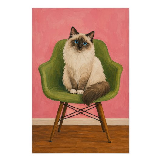 Poster Chat Ragdoll sur Chaise Verte Milieu du Siècle (Devant)