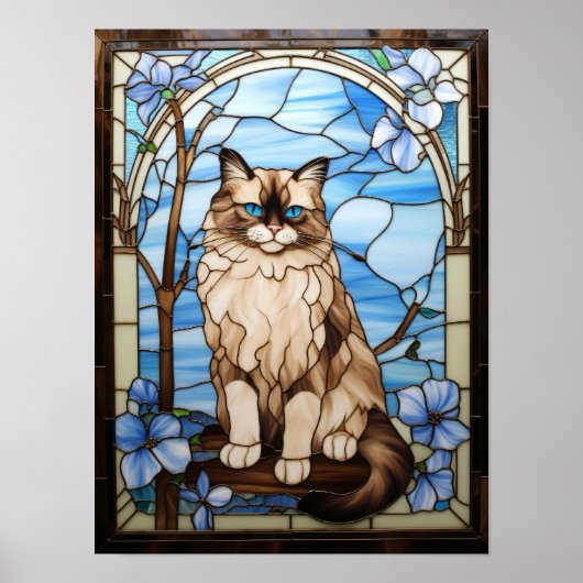 Poster Chat Ragdoll Vitrail aux Fleurs Bleues (Devant)