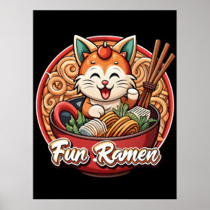 Poster Chat Ramen Kawaii Rétro Gravure Japonaise Nouilles