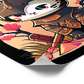 Poster Chat rétro Kawaii Samurai avec cerisier en fleurs (Coin)