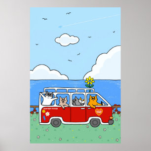 Poster Chat Rétro Planche de Surf Van Drôle d'Atmosphère