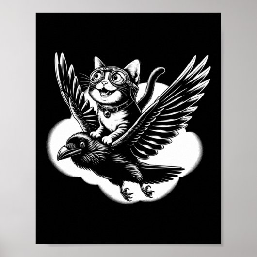 Poster Chat Riding A Crow _ Chat Sur Flying Raven Drôle T (Devant)