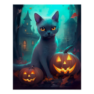 Poster Chat Russe Bleu d'Halloween avec des citrouilles e
