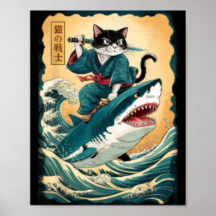 Poster Chat Samouraï Drôle Équitant Requin Chat Vintage A