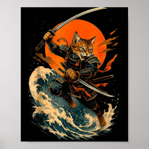 Poster Chat Samouraï Gif d'anime de chat japonais vintage
