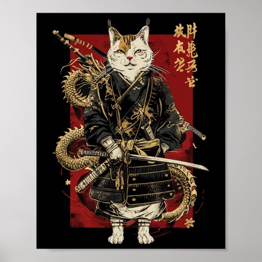 Poster Chat Samurai Avec Dragon Kanji (Devant)