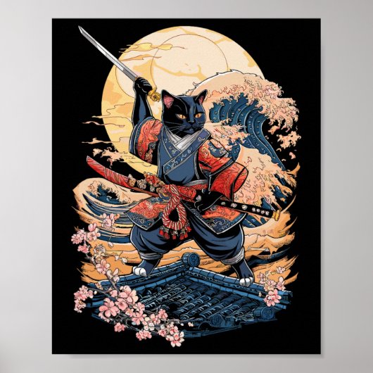 Poster Chat Samurai Chat japonais Anime Ninja (Devant)