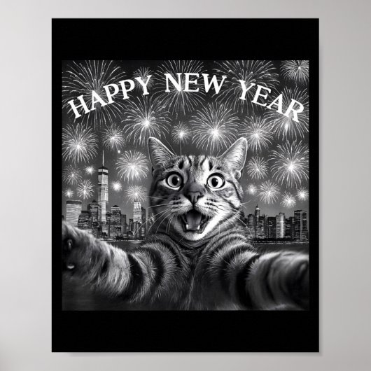Poster Chat selfie avec compte à rebours de feu d'artific (Devant)