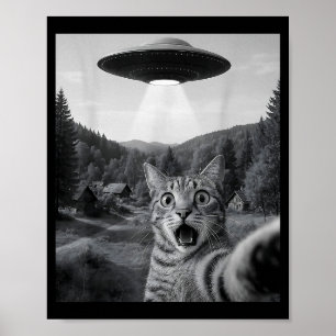 Poster Chat selfie avec un OVNI alien drôle chat Ed chat 