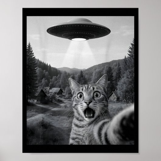 Poster Chat selfie avec un OVNI alien drôle chat Ed chat (Devant)