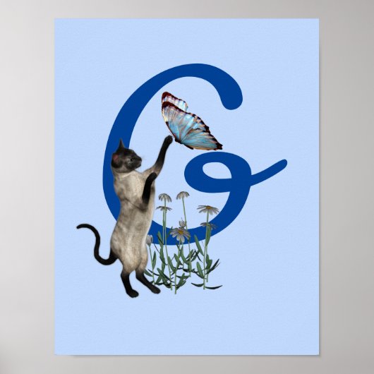 Poster Chat siamois papillon fleurs monogramme initial G (Devant)