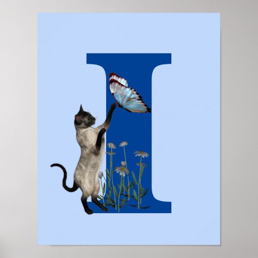 Poster Chat siamois papillon fleurs monogramme initial I (Devant)