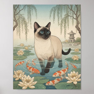 Poster Chat siamois pataugeant dans un étang à carpes koï