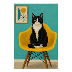 Poster Chat Smoking Sur Chaise Jaune Milieu Du Siècle