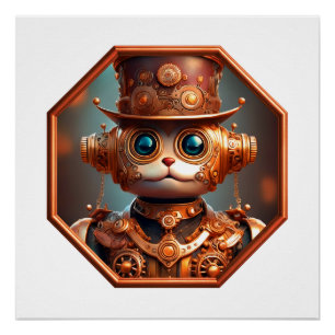 Poster Chat soldat Steampunk dans un cadre en bronze à 8