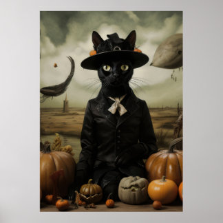 Poster Chat sorcière avec citrouilles 