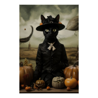 Poster Chat sorcière avec citrouilles 