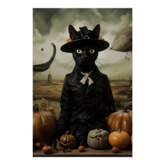 Poster Chat sorcière avec citrouilles (Devant)