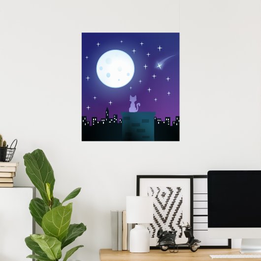Poster Chat Sous Le Feu Lune (Bureau à domicile)