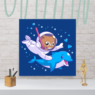 Poster Chat sous-marin et dauphin