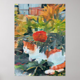Poster chat sous un buisson à fleurs A.I. amélioré