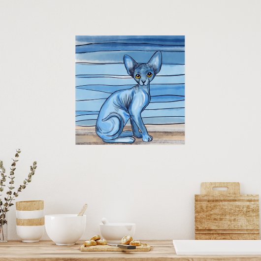 Poster Chat Sphynx Aquarelle Bleu (Cuisine)
