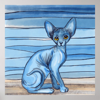 Poster Chat Sphynx Aquarelle Bleu