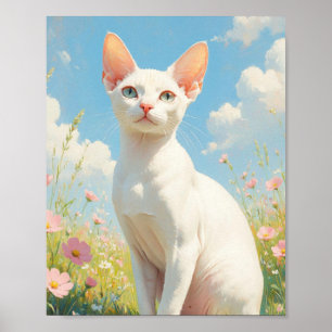 Poster Chat Sphynx blanc et fleurs