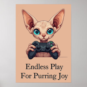 Poster Chat Sphynx tenant une manette de jeu