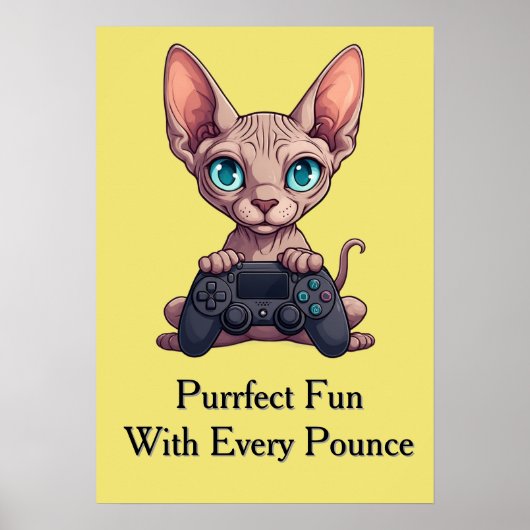Poster Chat Sphynx tenant une manette de jeu (Devant)