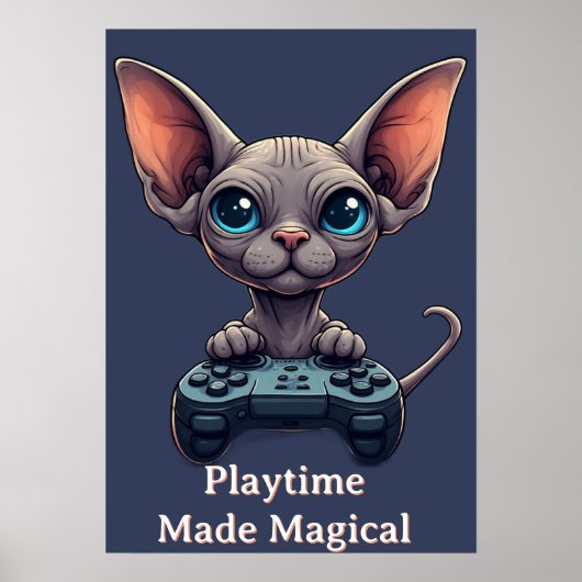 Poster Chat Sphynx tenant une manette de jeu (Devant)