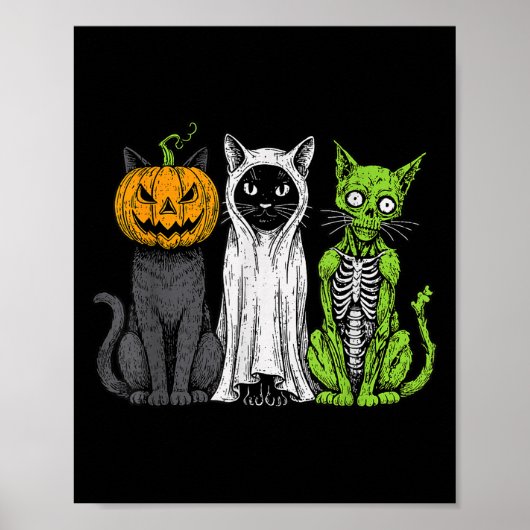 Poster Chat squelette Citrouille Fantôme Halloween Kitty (Devant)