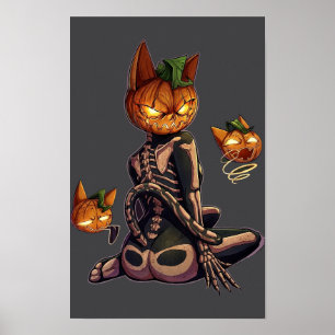 Poster Chat squelette tête de citrouille gothique Hallowe