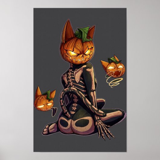 Poster Chat squelette tête de citrouille gothique Hallowe (Devant)