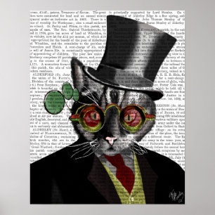 Poster Chat Steampunk - Chapeau supérieur et verres jaune