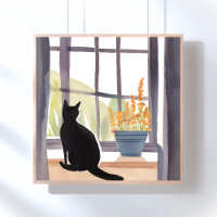 Chat sur Appui de Fenêtre | Silhouette Aquarelle