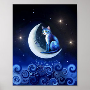 Poster Chat sur Crescent Moon bleu Chat 773