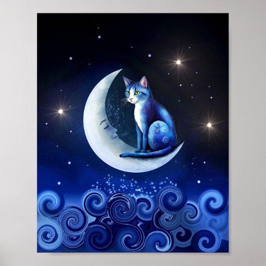 Poster Chat sur Crescent Moon bleu Chat 773 (Devant)